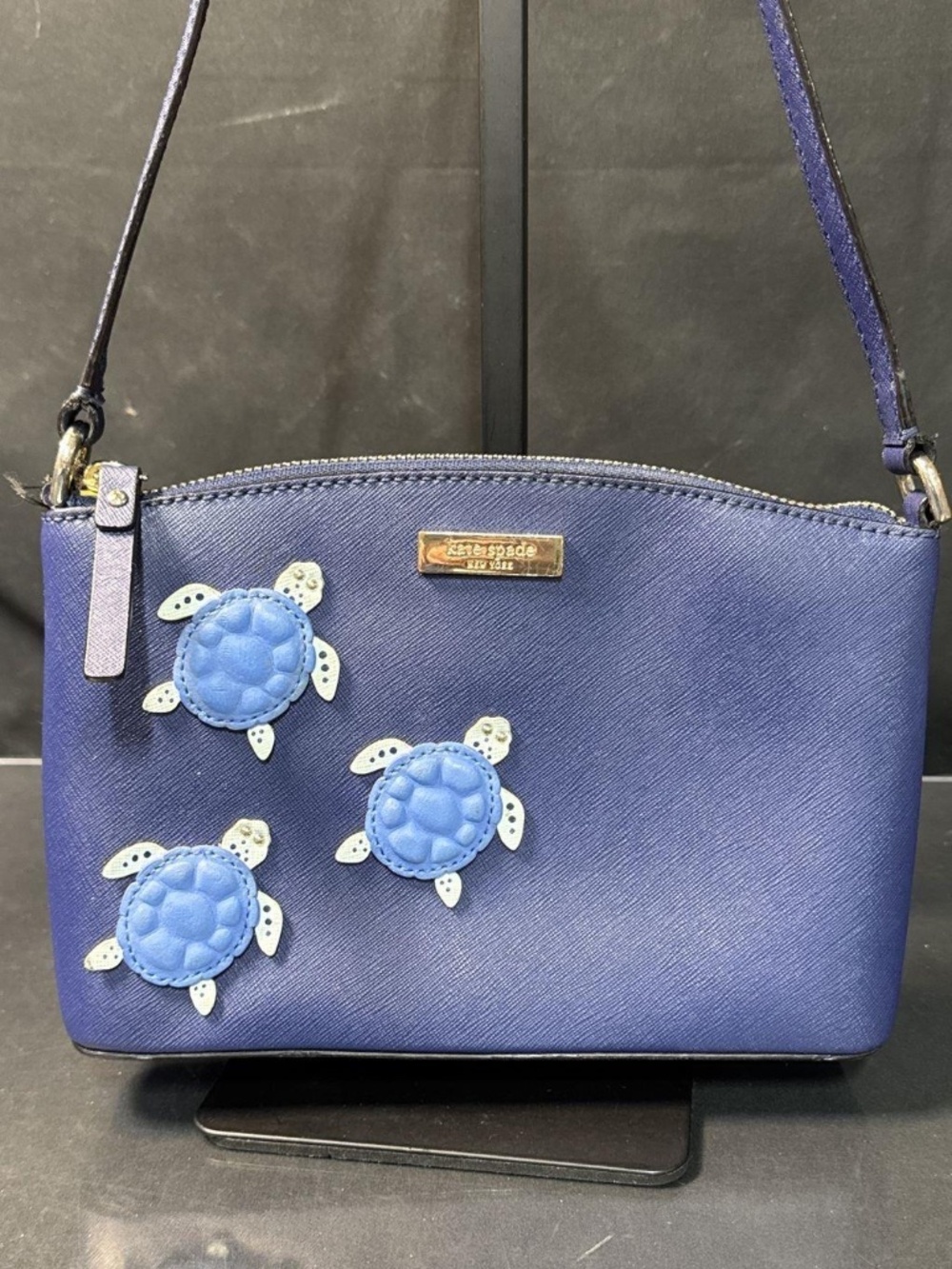 Kate Spade Women's Blue 3D Sea Turtle Crossbody Purse Bag Crossgrain Leather